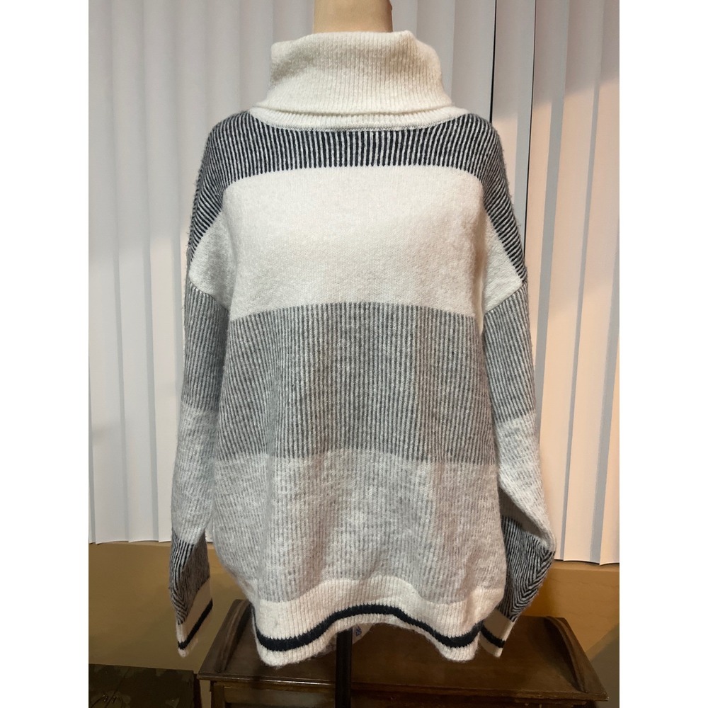 Liz Claiborne Womens Grey White Striped Colorblock Turtleneck Sweater Large L